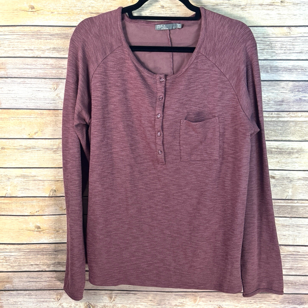 Prana Womens Mauve Rose Longs Sleeved Button Up Hensley Henley Top L